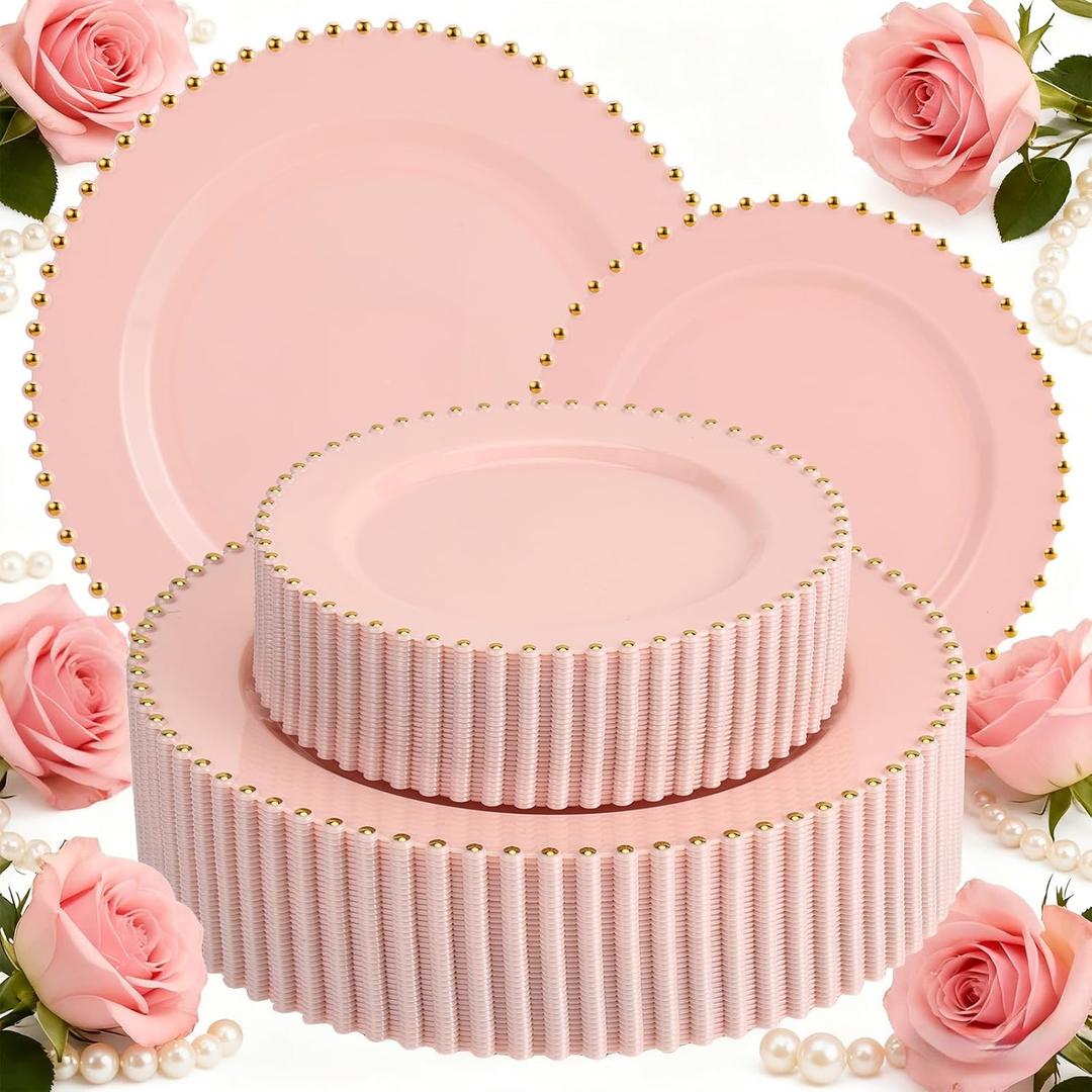 ejonirinjonir EI 60pcs Pink Plastic Plates with Gold Rim,Pink Party Plates Disposable,Heavy Duty 10" Dinner & 7" Dessert Plate Fancy Elegant Plate for Wedding,Birthday,Afternoon Tea,Valentine's Day
