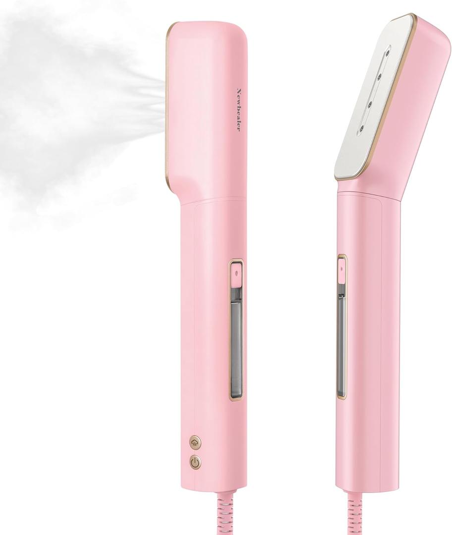 Newbealer Travel Iron with Global Voltage (No Clamp), 100-240V Clothes Steamer, Dry Ironing & 2 Steam Levels, Non-Stick Ceramic Soleplate, Fabric Wrinkle Remover, Auto-off, Self Cleaning, Pink