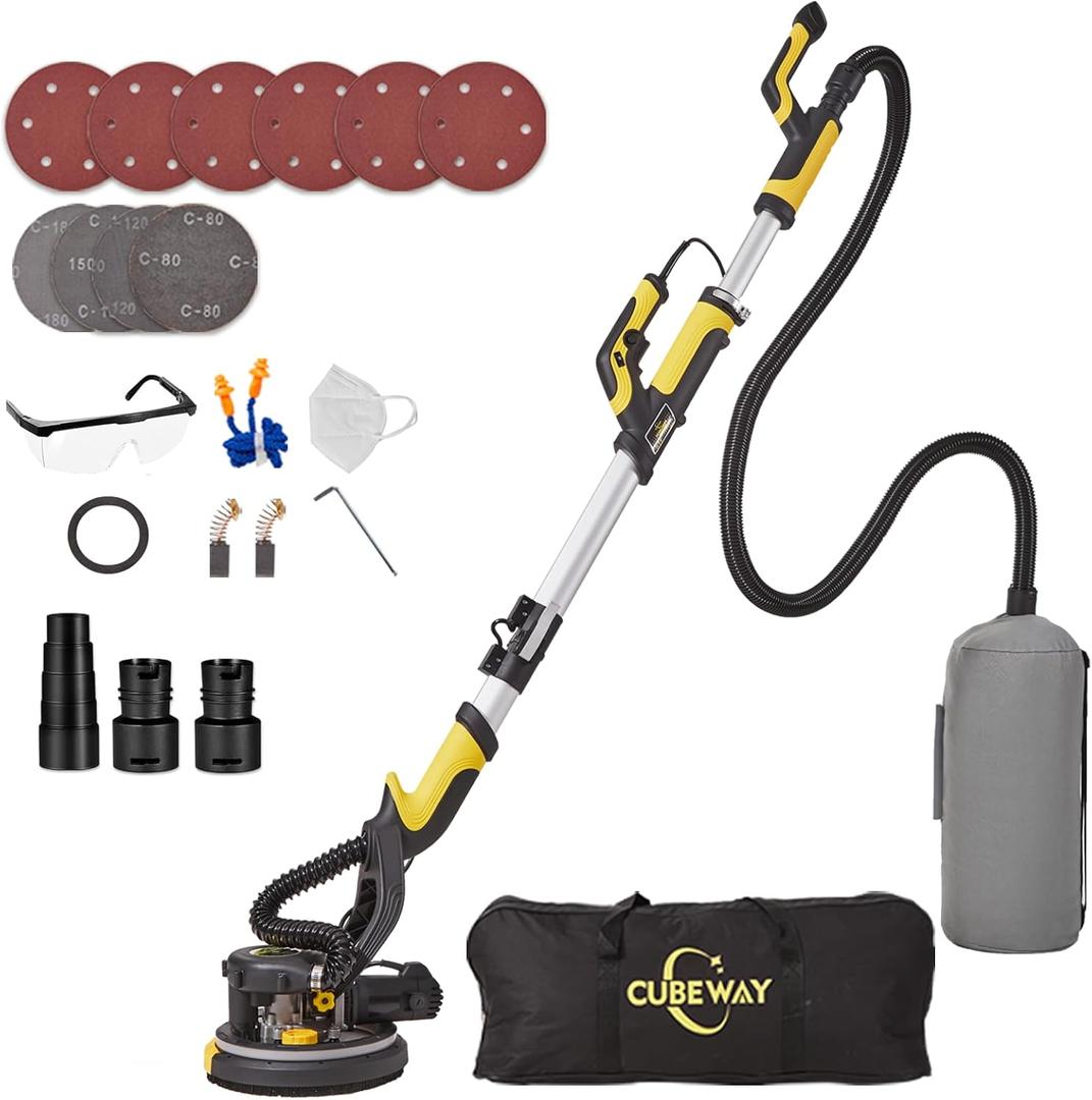 Drywall Sander with Vacuum Dust Collector, CUBEWAY 6.5A 780W Ceiling and Wall Sander Tool with 7 Variable Speed 900-1800RPM, Popcorn Ceiling Removal Tool, LED Light, 20pcs Sanding Discs (L-shape Handle-yellow)