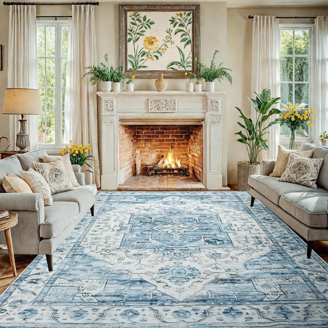 Washable 8x10 Area Rug - Living Room Large Rug Stain Resistant Carpet Vintage Carpet Bedroom Non-Slip Backing Home Decor Floor Decor Mat,Light Blue