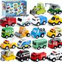 JOYIN 18 Pcs Pull Back City Cars and Trucks Toy Vehicles Set, Friction Powered Cars Toys for Toddlers, Boys, Girls Educational Play, Kids Stocking Stuffers, Easter Basket Stuffers
