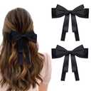 2 PCS Hair Bows for Women Silky Satin Hair Clips Black Large Bows Metal Clips Hair Bows for Women & Girls Hair Accessories Aesthetic Ponytail Holder