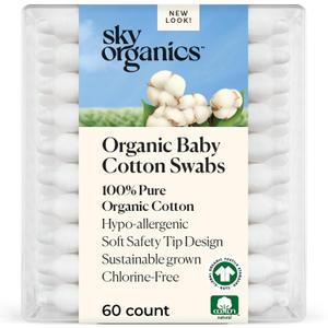 Sky Organics - Organic Baby Cotton Swabs, 60 ct. - Ultra Soft Baby Safe Tips - Strong & Durable - Hypoallergenic - Chlorine Free - Natural, Vegan & Cruelty Free - Skin Care & Baby Care