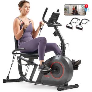 Sunny Health & Fitness Smart Heavy-Duty Recumbent Bike w/Wide Cushioned Seat & Back, Indoor Cycling Machine for Adult/Seniors Home Exercise, Free SunnyFit App Connect, Optional Workout Training Bands