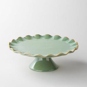 Cake Stand Ceramic, Small Cake Stand for 8 Inch Cake, Vintage Dessert Stand with Ruffle Trim for Mother's Day, Decorative Pedestal Cake Plate Cupcake Stand for Tea Party, Teal
