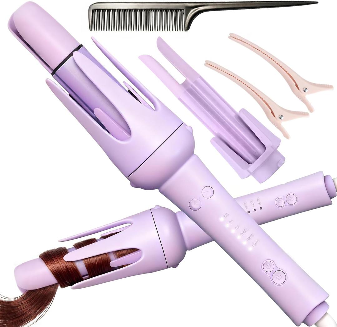 Professional Automatic Curling Iron for Long Hair, Rotating Curling Iron 1 Inch & 1.25 Inch, Automatic Hair Curler for Travel, Dual Voltage, 3 Heat Settings, Beach Waves Tangle-Free, Purple