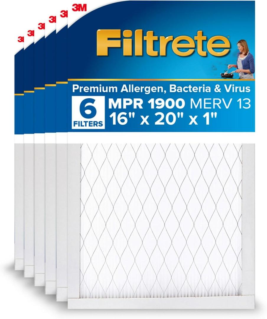 Filtrete 16x20x1 AC Furnace Air Filter, MERV 13, MPR 1900, Premium Allergen, Bacteria & Virus Filter, 3-Month Pleated 1-Inch Electrostatic Air Cleaning Filter, 6-Pack (Actual Size 15.69x19.69x0.78 in)