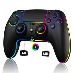 Wireless Controller with 7 Colors RGB Light for P-S5 Pro/Slim,MAC,iOS,Steam,PC Windows/Android 10 and Above,Support Turbo/Programmable/Microphone/Dual Vibration, with 3.5mm Audio Jack, Black