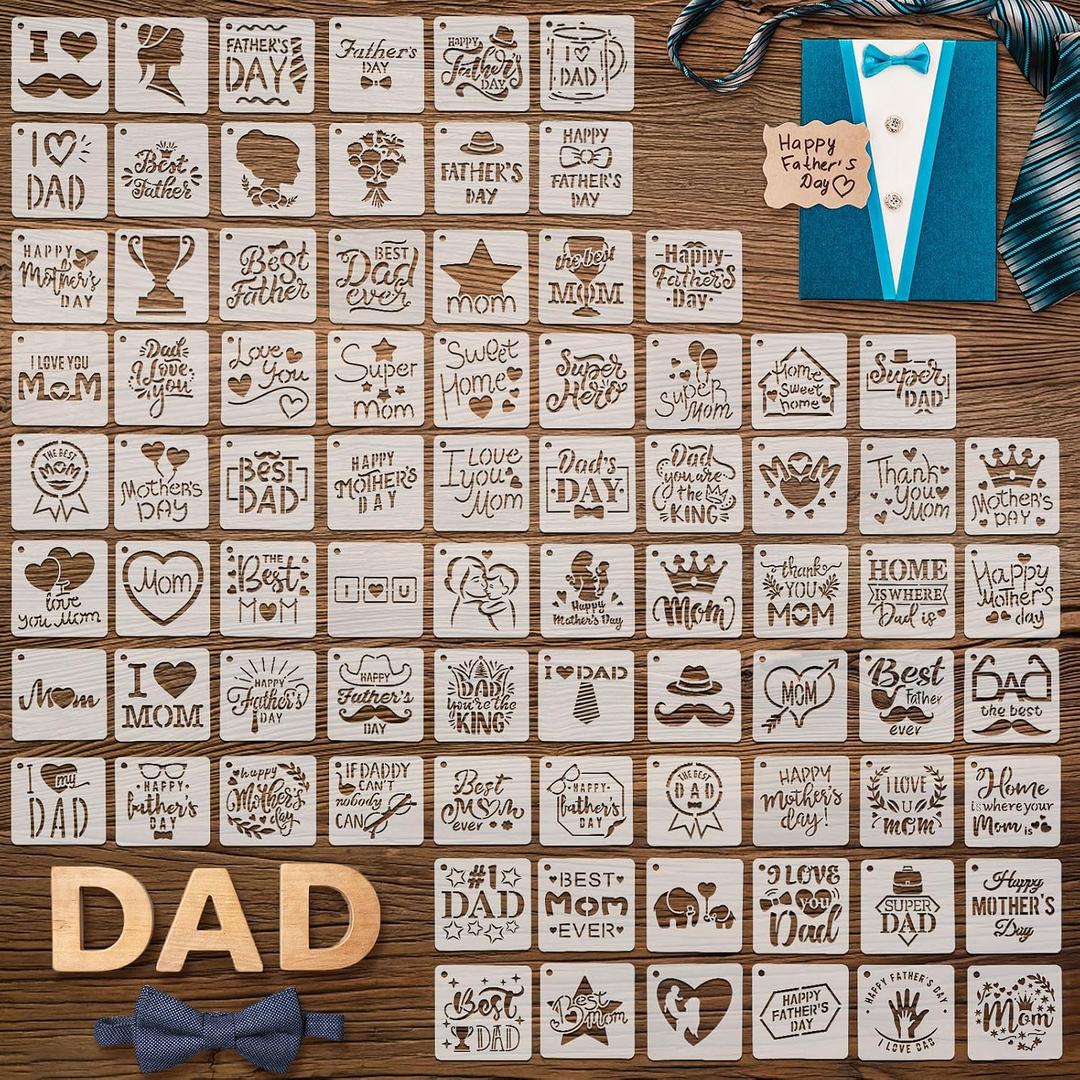 Teling 80 Pcs Father's Day Stencil Mother's Day Stencils Reusable Painting Father Cookie Stencils Plastic Artists Drawing Mom Letter Stencil Templates Mold Tools for Party Painting Cake Baking Dessert