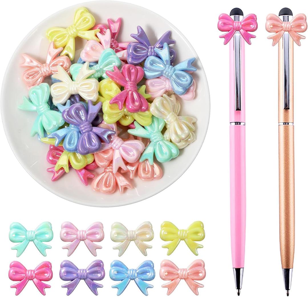 48 Pcs Bow Beads for Pens Bulk 3D Acrylic Focal Beads Beadable Keychain Making DIY Jewelry Charms Necklace Bracelet Craft Supplies