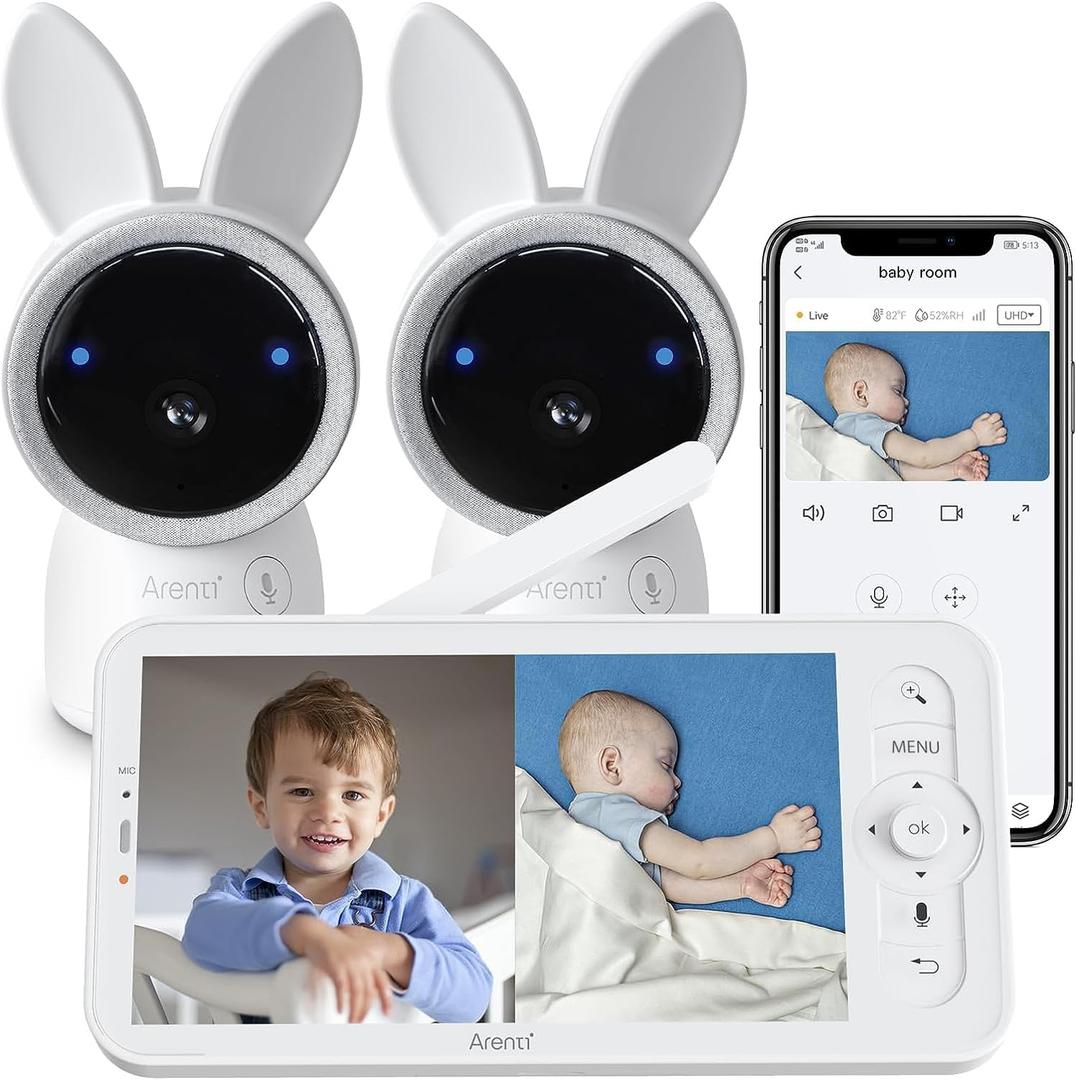 ARENTI Baby Monitor with 2 Cameras, 2K Smart Baby Camera with 5'' Upgraded Wireless Display, Super Night Vision, Breathing Light, Lullabies, Cry&Motion Detection, Temp&Humidity Sensor, 2 Way Audio