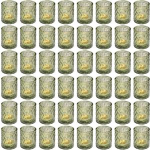 Maxdot 48 Pack Green Glass Votive Candle Holders 2.1 x 2.6 Inch St. Patrick's Day Tea Light Candleholder Bulk Xmas Glass Tealight Candlestick Holders for Table Centerpiece Home Wedding Party Decor