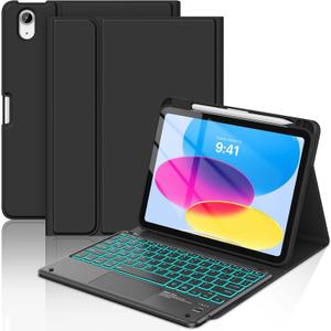 COO for iPad (A16) 11th 10th Generation Case with Keyboard, 7 Colors Backlit Magnetic Detachable Keyboard with Multi-Touch Trackpad & Pencil Holder for iPad 11 inch 2025/10 Gen 10.9" 2022Black