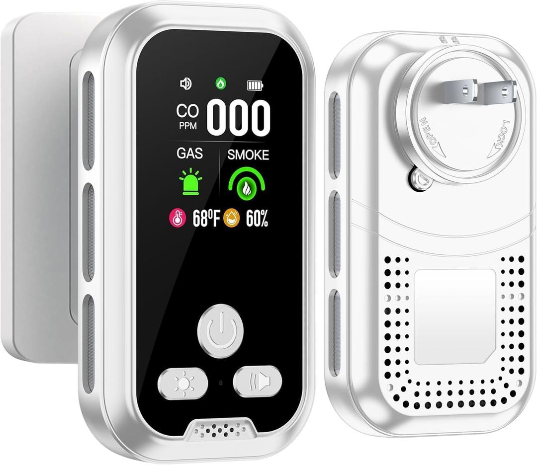 6-in-1 Plug in Air Gas-Detectors (C O/Temperature/Gas-/Humidity Detector) Plug & Play for Home/Kitchen/Hotel/Travel (White)