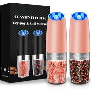 Sweet Alice Gravity Electric Pepper and Salt Grinder Set, Adjustable Coarseness, Battery Powered with LED Light, One Hand Automatic Operation, Coral, 2 Pack (2.5*2.5*7.9inch)