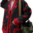 Saodimallsu Womens Oversized Heart Cardigan Color Block V Neck Button Long Sleeve Chunky Valentines Sweaters, Size L