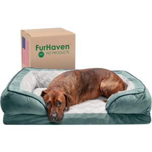 Furhaven Memory Foam Dog Bed for Large/Medium Dogs w/ Removable Bolsters & Washable Cover, For Dogs Up to 55 lbs - Plush & Velvet Waves Perfect Comfort Sofa - Celadon Green, Large (36.0"L x 27.0"W x 7.5"Th)
