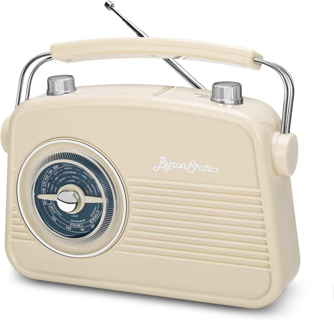 ByronStatics Portable Radio AM FM, Vintage Retro Radio with Built in Speakers, Best Reception and Longest Lasting, Power Plug or 1.5V AA Battery - Cream