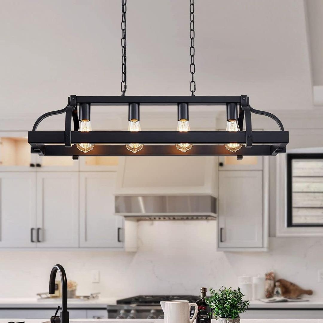 WUZUPS 4-Light Metal Pot Hanging Rack Chandelier Linear Pendant Ceiling Lighting Rustic Farmhouse Fixture Kitchen Island Dining Room, H 9.8" x L 34.6" x W11.8, E26 Base, Black WUZUPS 4-Light Metal Pot Hanging Rack Chandelier Linear Pendant Ceiling Lighting Rustic Farmhouse Fixture Kitchen Island Dining Room, H 9.8" x L 34.6" x W11.8, E26 Base, Black