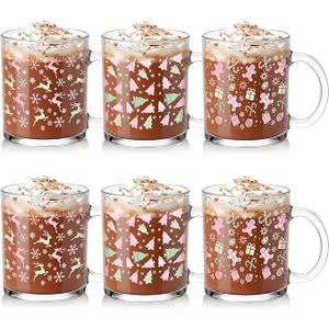 Vesici 6 Set Christmas Glass Mugs Gifts 12Oz Winter Coffee Mugs with Handle Pastel Santa Gingerbread Snowflake Hot Coco Mug Pink Christmas Gift for Women Staff Coworker Appreciation Holiday New Year