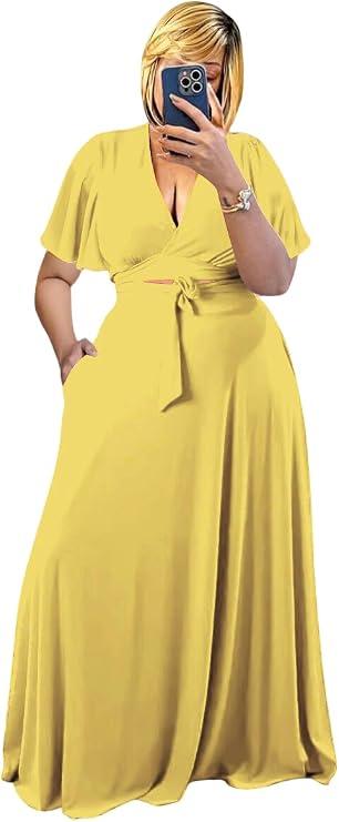 Yellow Plus Size Women's 2 Piece Outfits Casual Short Ruffle Sleeve Wrap Crop Top Maxi Long Dress Flowy Matching Sets, 2XL