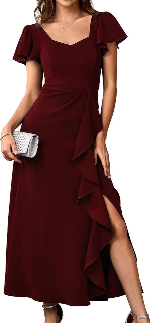 Womens Long Formal Cocktail Dresses Square Neck Split Elegant Evening Party Gowns Ruffle Wedding Guest Dress (Large, Burgundy)