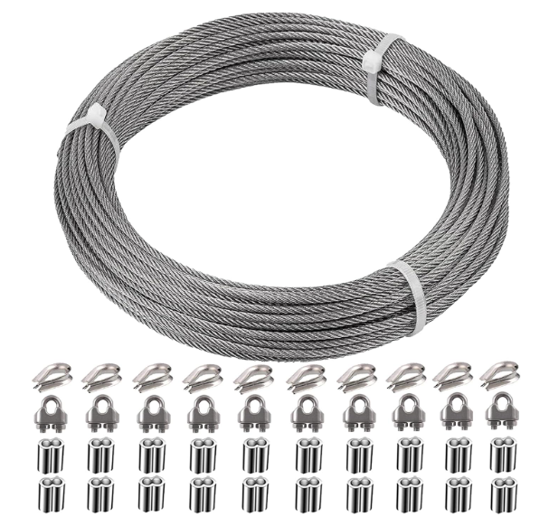 AFences 1/8 Inch Stainless Steel Cable 100FT - 7x7 Strand Aircraft Wire Rope with Loop Sleeve & Thimble - Heavy Duty for Deck Railing, String Light Hanging, Garden, Marine, DIY Projects