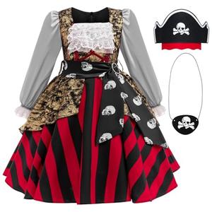 Girls Pirate Costume Buccaneer Princess Dress Up for Kids with Accessories Halloween Cosplay Party Outfit 130