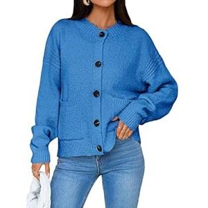 Saodimallsu Womens Button Up Cardigans Fall Crew Neck Fuzzy Knit Long Sleeve Cropped Sweater Jacket with Pockets (Medium)