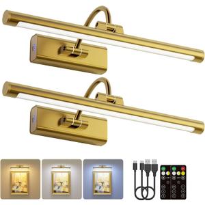 2 Pack 16" Brass Picture Art Lights - 6000mAh Rechargeable Battery Powered Wireless Lighting for Home Gallery, Office, Living & Bedroom
