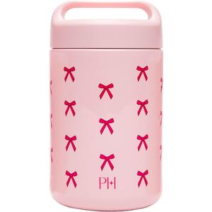 Paris Hilton Stainless Steel Food Jar, Double Wall Vacuum Sealed Insulated Food Storage Container with Carry Handle Lid, 16-Ounce, Pink with Bow Design