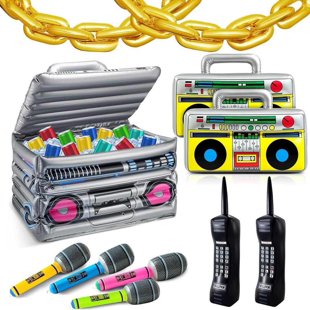 Cunhill 29 Pcs 80s 90s Party Decorations Include Inflatable Boom Box Beverage Cooler 20 Gold Foil Chain Balloons 2 Mobile Phones 2 Radio Boombox 4 Microphones for Hip Hop Theme Supplies Cosplay Props