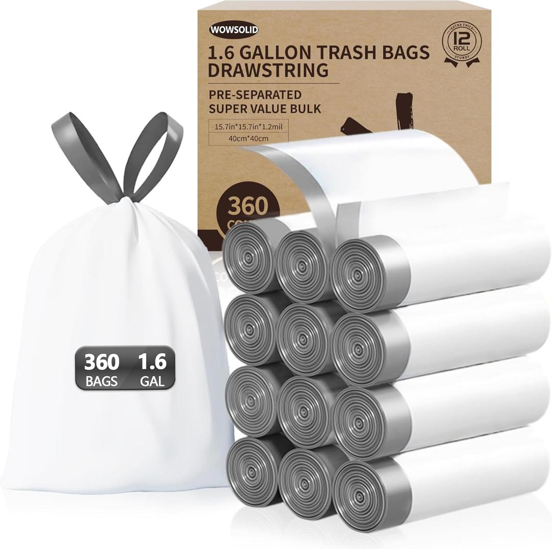 360 Count 1.6 Gallon Mini Drawstring Bags, 1.2 Mil Thick Small Garbage Bags by WOWSOLID, Fit Liners 4.5-8 Liter, 1.2-2 Gal, Can Bin for Bathroom, Kitchen, Bedroom, Office, 6 Pack