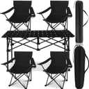 5 Pcs Summer Portable Camping Chair and Folding Camping Table Set Outdoor Oxford Fabric Folding Chair Lawn Portable Camp Table with Cup Holder Carry Bag for Travel Fishing Sport(Black)