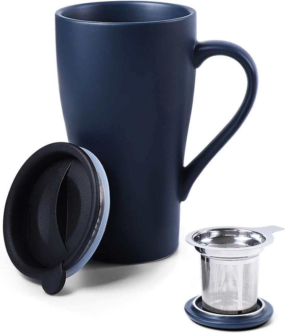 Tea Cup with Infuser and 2 Lids, 18oz Large Tea Infuser Mug, Tea Strainer Cup for Loose Leaf, Travel Mug with Teabag Holder (Royal Blue)