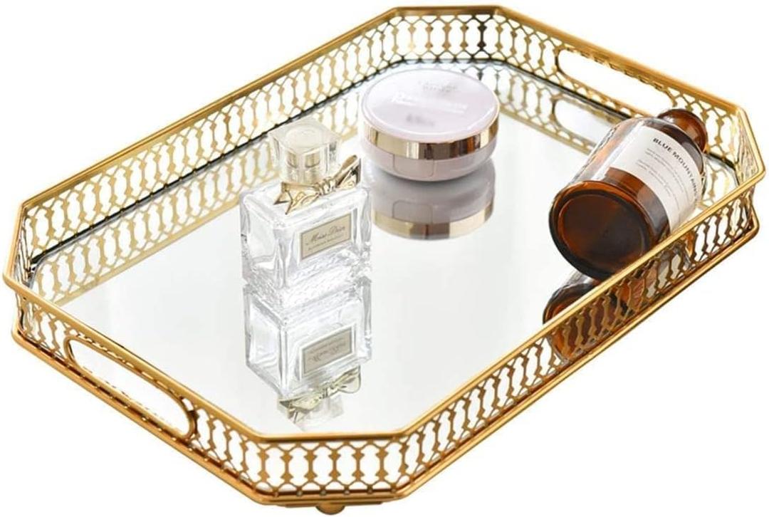 Perfume Vanity Mirror Tray - Durable Decorative Organizer for Dresser, Bedroom, Bathroom Countertops - Spacious 13.8x9.6x2.2 Inches, Scratch-Resistant - Gold