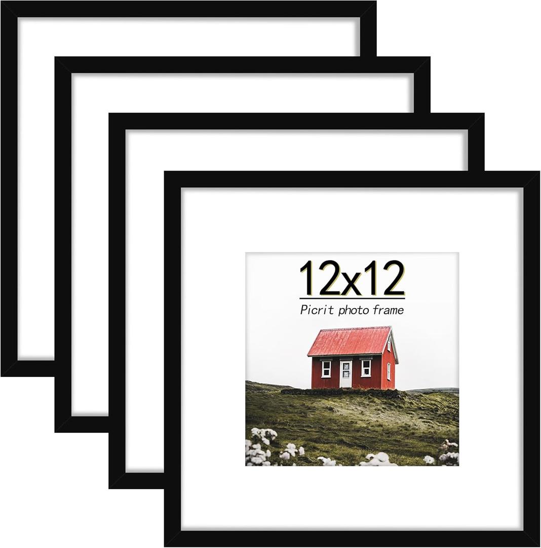 Picrit 12x12 Picture Frame Set of 4, Made of High Definition Real Glass, Display 8x8 with Mat or 12x12 without Mat, Photo Frames for Wall Mounting Display, Black