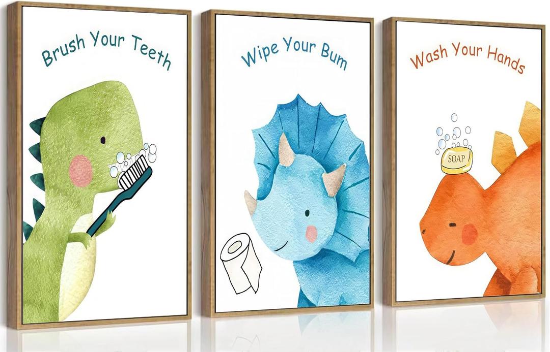 3Pcs Dinosaur Nursery Canvas Wall Art Funny Cute Dinosaur Bathroom Painting Pictures Wall Decor Posters Prints Artwork for Toilet Lavatory Home Decoration Unframed