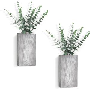 Dahey 2 Pack Wood Wall Planter Vase with Artificial Eucalyptus Farmhouse Wall Hanging Decor Pocket Planter for Indoor Fake Plants Greenery, Living Room Bedroom Kitchen Home Office Decoration, Grey