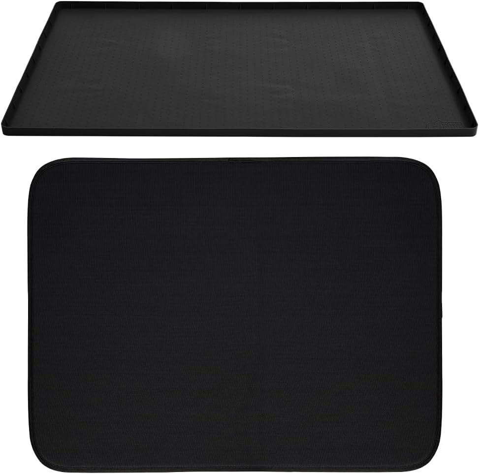 Gorilla Grip Waterproof Silicone Under Sink Mat for Kitchen and Bathroom and Microfiber Dish Drying Mat, Mat Size 19x22, Raised Lip, Mat Size 16x18, Water Absorbent, Both Color Black, 2 Item Bundle