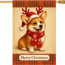 IVN Christmas Corgi Big Garden Flag 24x40 Inch Big Double Sided Dog Antler Scarf Plaid Outdoor Yard Flag for Home Front Door Lawn Porch Holiday Decor