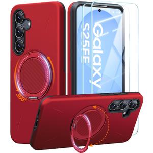 JAME for Samsung Galaxy S25 FE Case, Ring Holder Stand Kickstand, 2 Packs Screen Protector, Dual Layer Shockproof Protective Cover, Magnetic Accessory Friendly Galaxy S25 FE Phone Case, Red