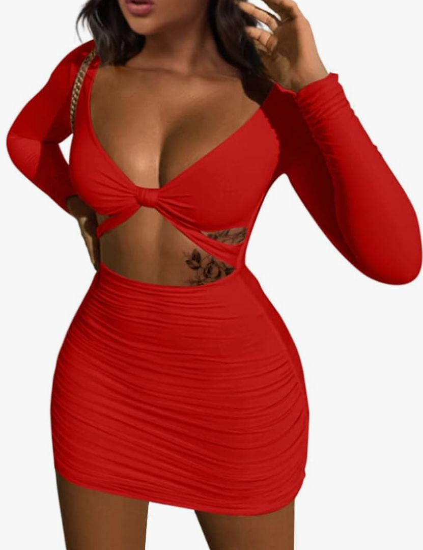 XXTAXN Women's Sexy Bodycon Deep V Neck Long Sleeve Cut Out Club Mini Dress (L, Red)