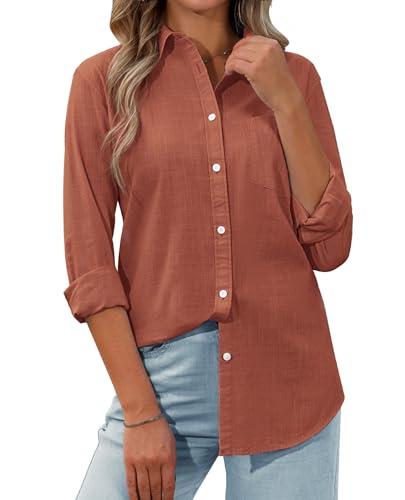 siliteelon Linen Button Down Shirt Women Long Sleeve Summer Blouse for Casual, Beach, Work Breathable Collared Linen Tops Orange M