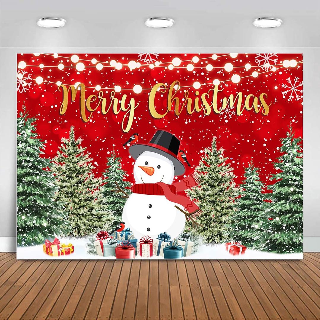 Sensfun Christmas Backdrop for Photography Merry Christmas Banner Party Decorations Winter Snowman Xmas Tree Photo Backdrops Background for Family New Years Eve Supplies Props Wall Indoor Decor 7x5ft