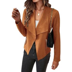 BTFBM Womens Faux Suede Jackets Dressy Spring Summer Clothes 2025 Lapel Long Sleeve Open Front Cropped Outerwear Coats (M, Solid Brown)