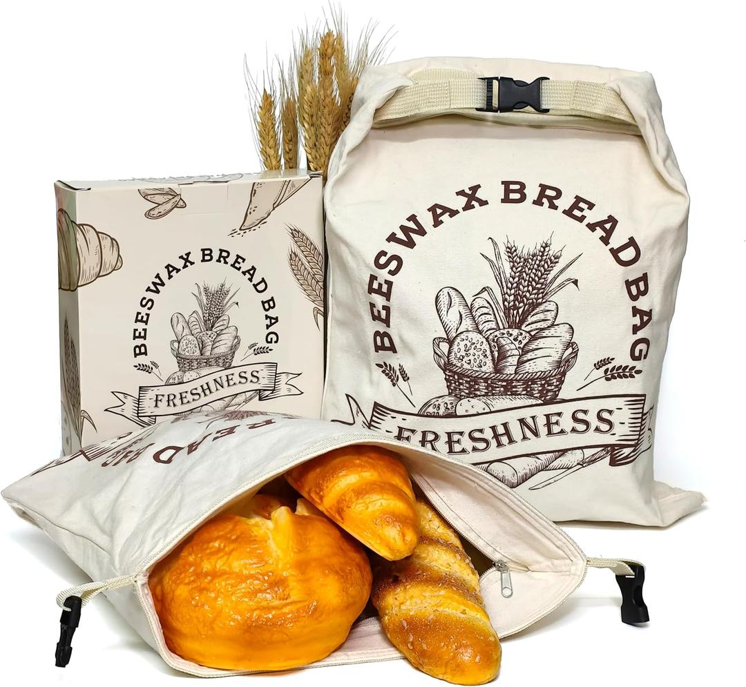 2 Pack Reusable Beeswax Bread Bags for Sourdough & Homemade Bread - XL Organic Cotton with Zipper & Snap Closure Freezer-Friendly Freshness Preservation