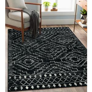 Wonnitar Moroccan Washable Rug 4x6, Black Boho Living Room Area Rug, Non-Slip Farmhouse Bedroom Carpet Dorm Room Throw Rug, Low Pile Soft Accent Mat for Kitchen Entry Office (Black,4'x6')