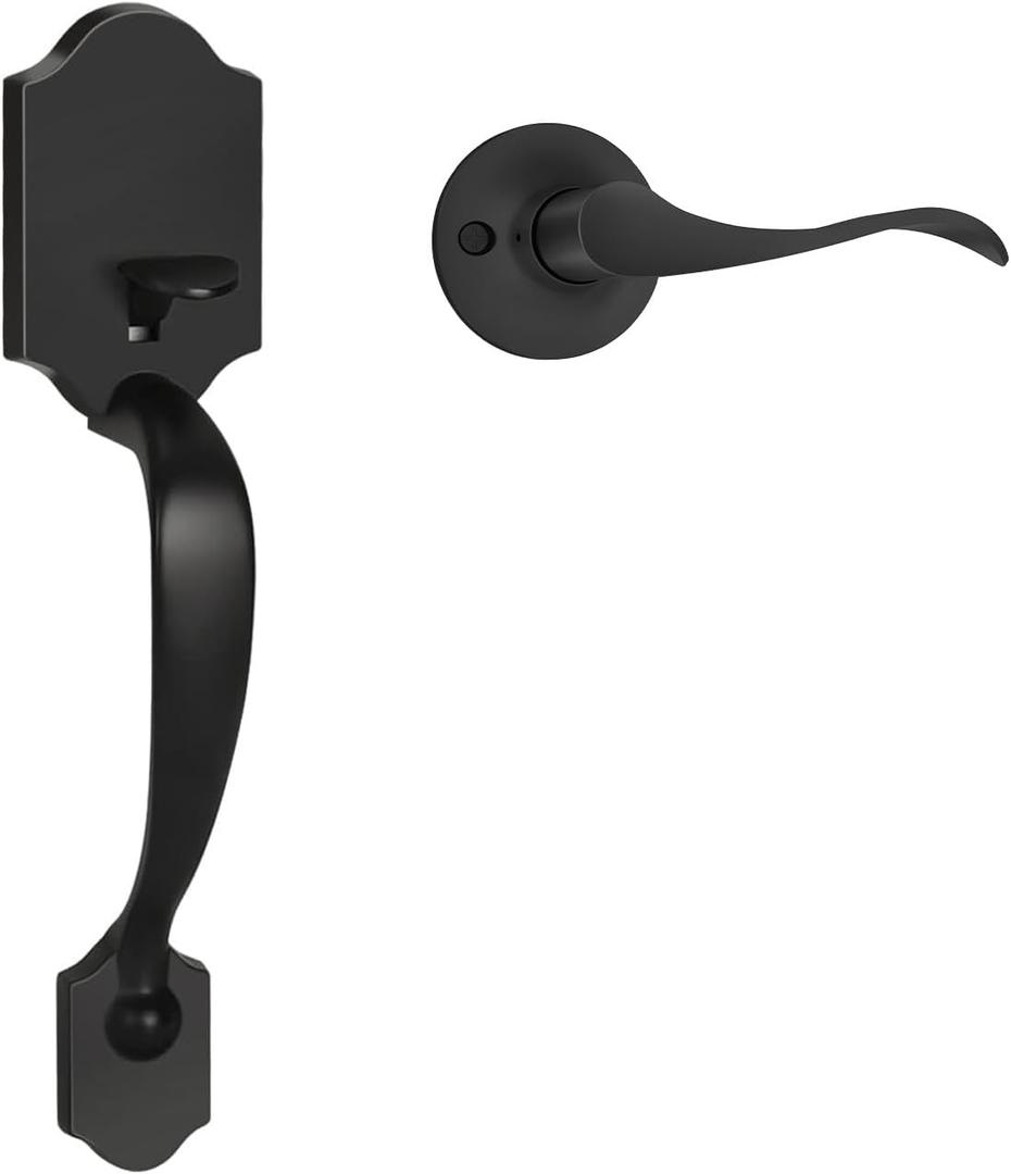 Haidms Front Door Handle Black, Entry&Exterior Door Handles and Reversible Handle Lever,Single Cylinder Door Handle Set with Lower Half Lever for Left and Right Hand Door, Matte Black