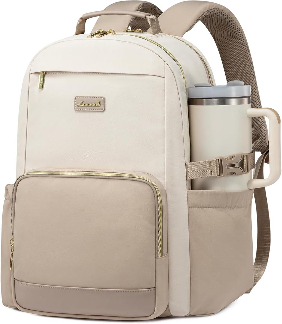 LOVEVOOK Laptop Backpack for Women with Pouch Pocket for Large Capacity Cup,15.6 Inch Laptop Computer Bag Travel Backpack Purse,Waterproof Work Business Backpack College Teacher Bags,Beige-Khaki